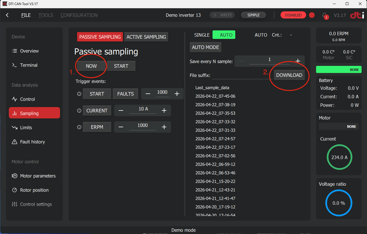 DTI CAN tool: Capturing and downloading a sample