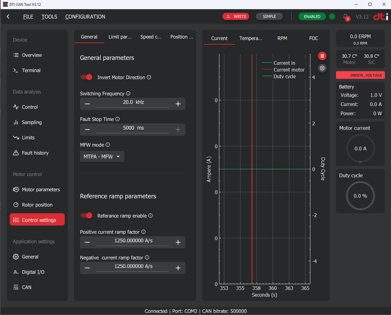 DTI CAN tool: Control settings (General)