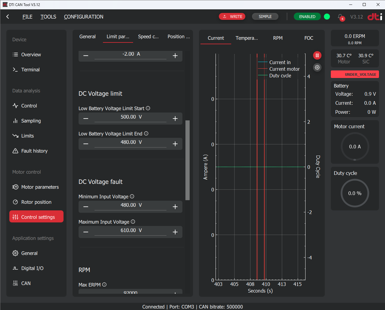 DTI CAN tool: Control settings (Limit parameters 2)